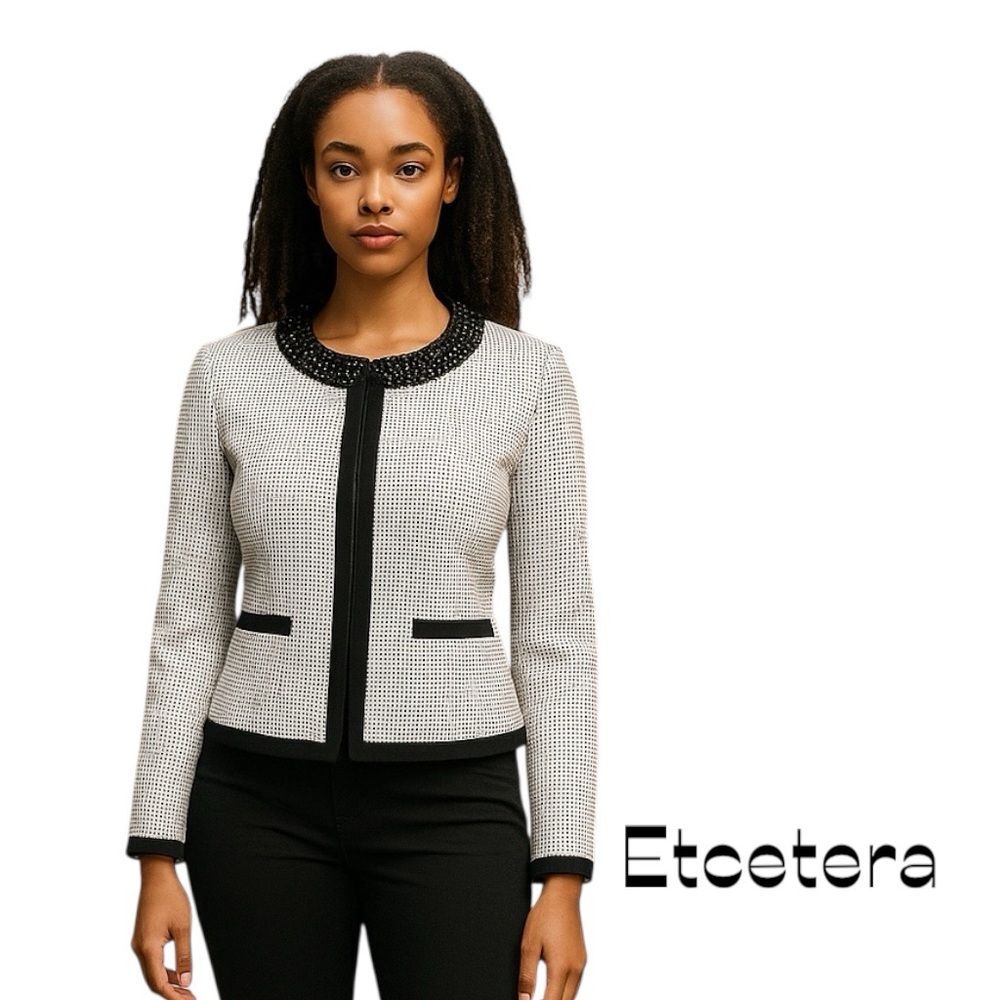 Anthropologie Etcetera White Black Beaded Jacket NWOT Size 6